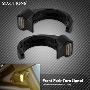 Feu LED ambre monté sur le cache de fourche d'une Harley Sportster Nightster - vue 1
