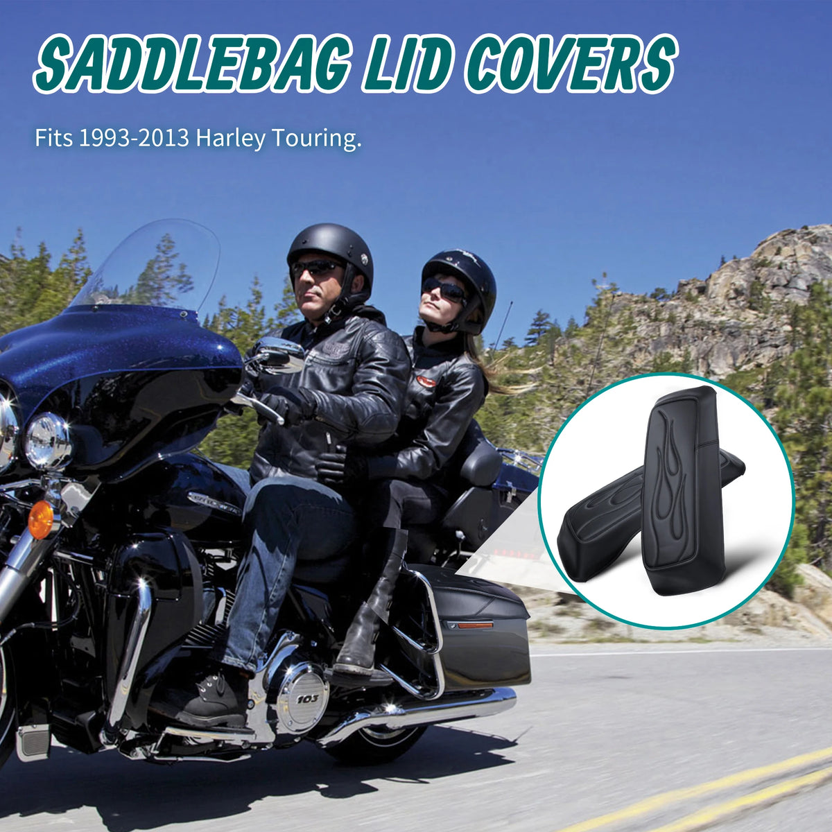 Caches de protection pour sacoches cavalières Harley Touring 1993-2013, motifs rayures/damier/flammes surpiquées - vue 2