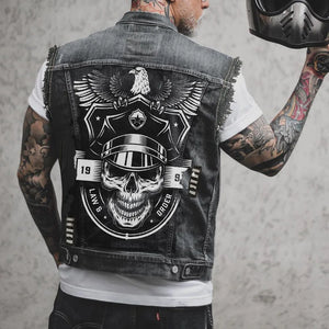 Gilet en jean homme imprimé aigle sans manches, vue de face - vue 1