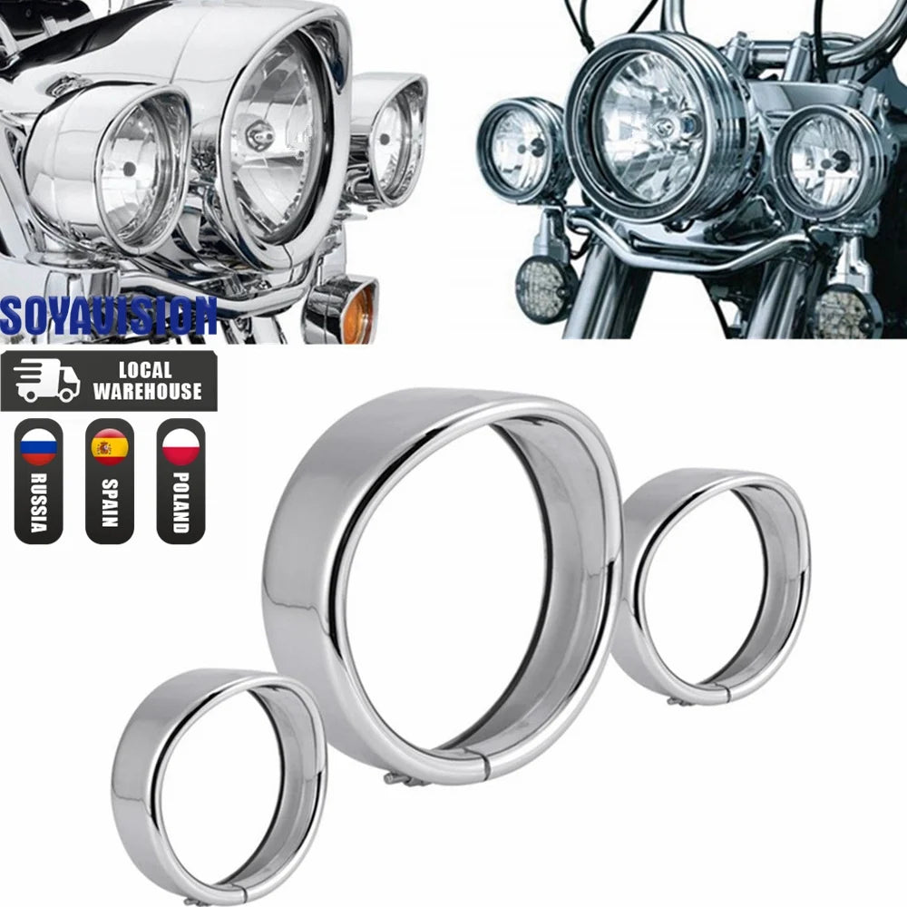 Bagues d'embellissement chromées pour phare 7 pouces et feux additionnels 4,5 pouces Harley Touring, Road King - vue 2