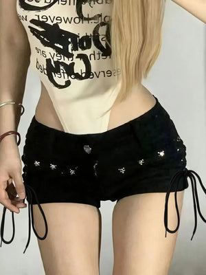Short en jean noir lacé style rétro américain - vue 1