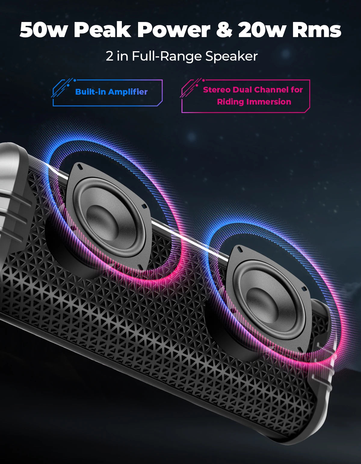 Haut-parleur moto étanche avec lecteur audio USB/AUX et éclairage LED d'ambiance - support 360° universel - vue 2