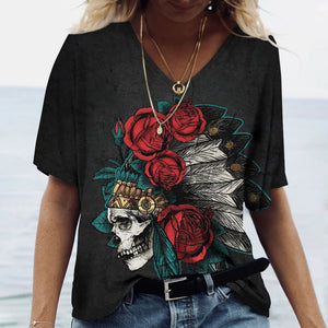T-shirt femme tête de mort col V manches courtes - vue 19