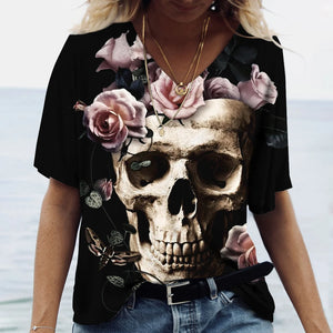 T-shirt femme tête de mort col V manches courtes - vue 14