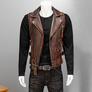 Gilet biker en cuir vintage brun-rouge - vue - vue 7
