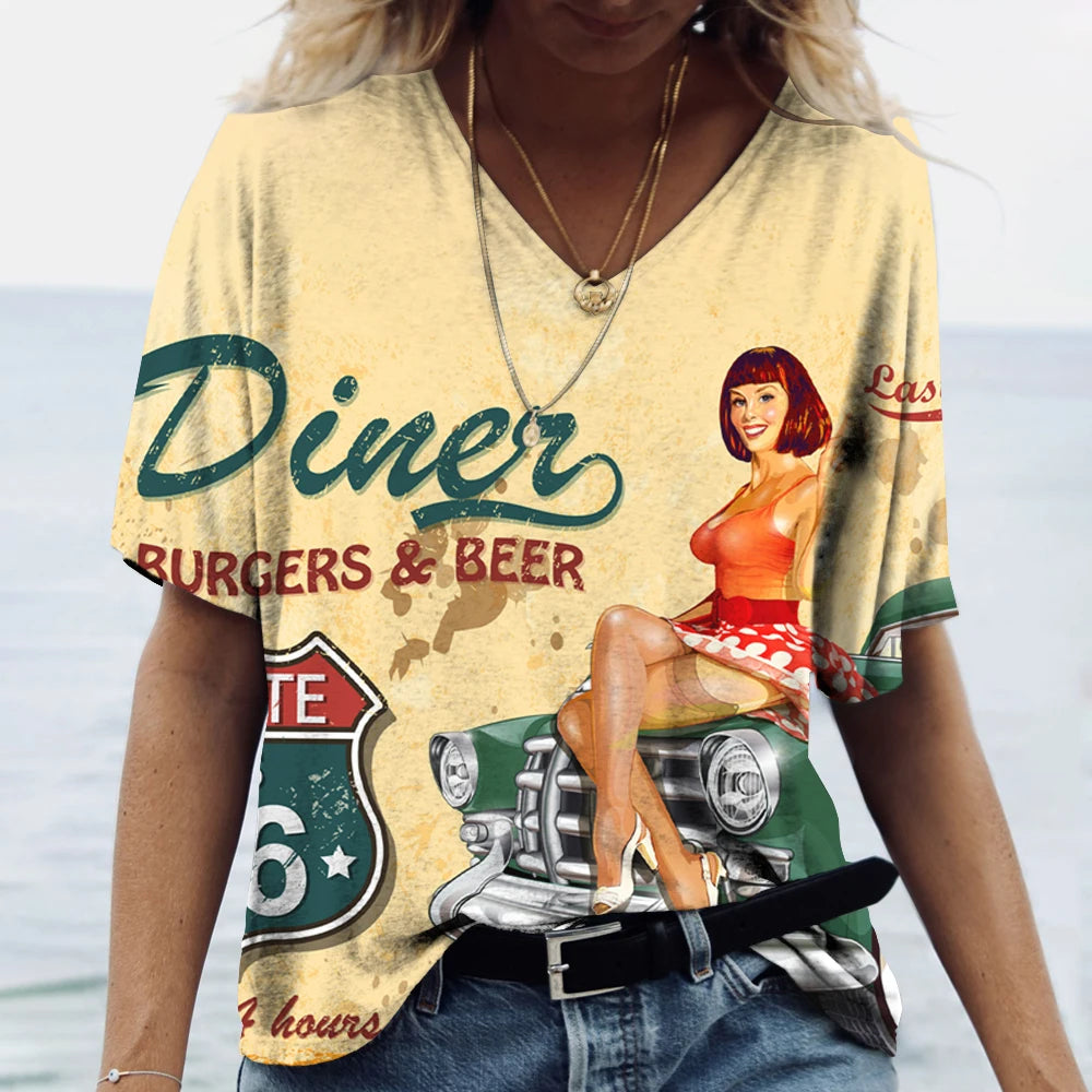 T-shirt Femme Col V Motif Route 66, Manches Courtes Oversize - vue 2