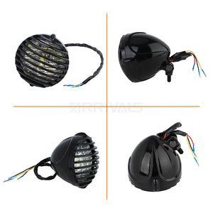 Grille de protection métallique noire posée sur un phare rond de moto rétro - vue 4