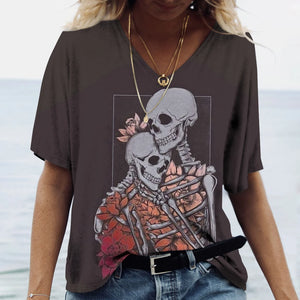 T-shirt femme tête de mort col V manches courtes - vue 7
