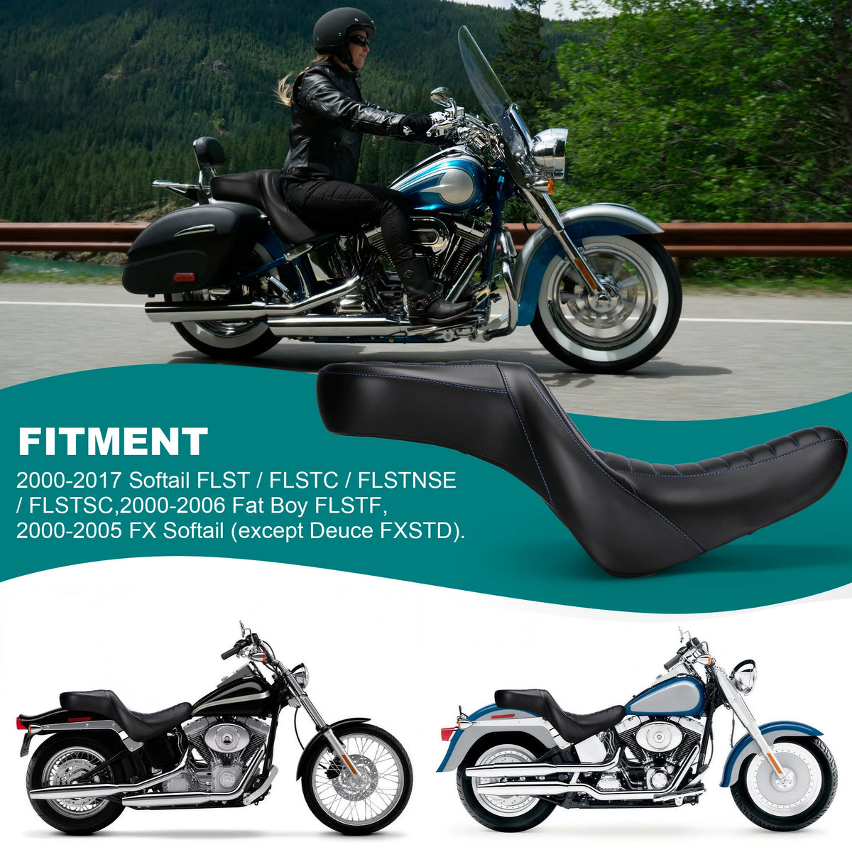 Selle biplace une pièce surpiquée pour Harley-Davidson Softail Heritage, Deluxe, Springer (2000-2017)