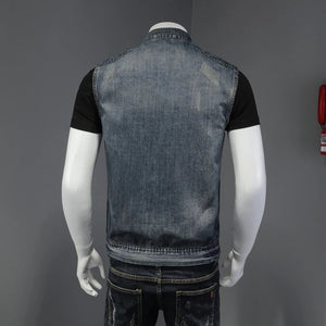 Gilet en jean bleu délavé effet déchiré - vue de face - vue 4