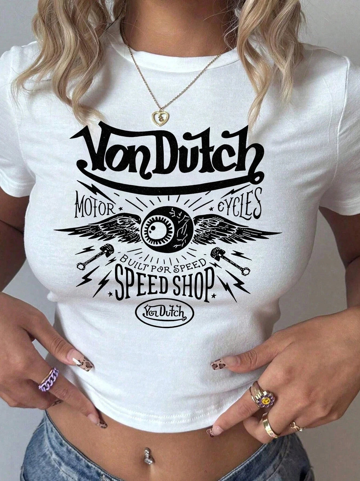 Top femme manches courtes imprimé, style motard rétro - vue 2
