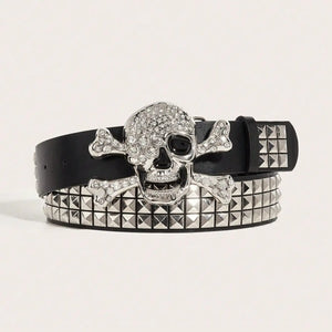Ceinture cuir PU noire boucle crâne cloutée style motard - vue 4