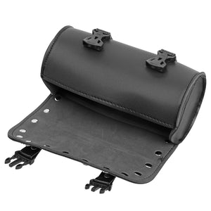 Sacoche de fourche en cuir noir imperméable fixée sur une moto - vue 3