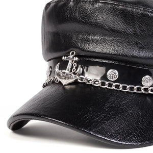 Béret noir en simili cuir boucle ancre - vue de face - vue 5