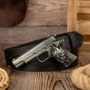 Ceinture homme en similicuir avec grande boucle tête de mort et revolver - vue 6