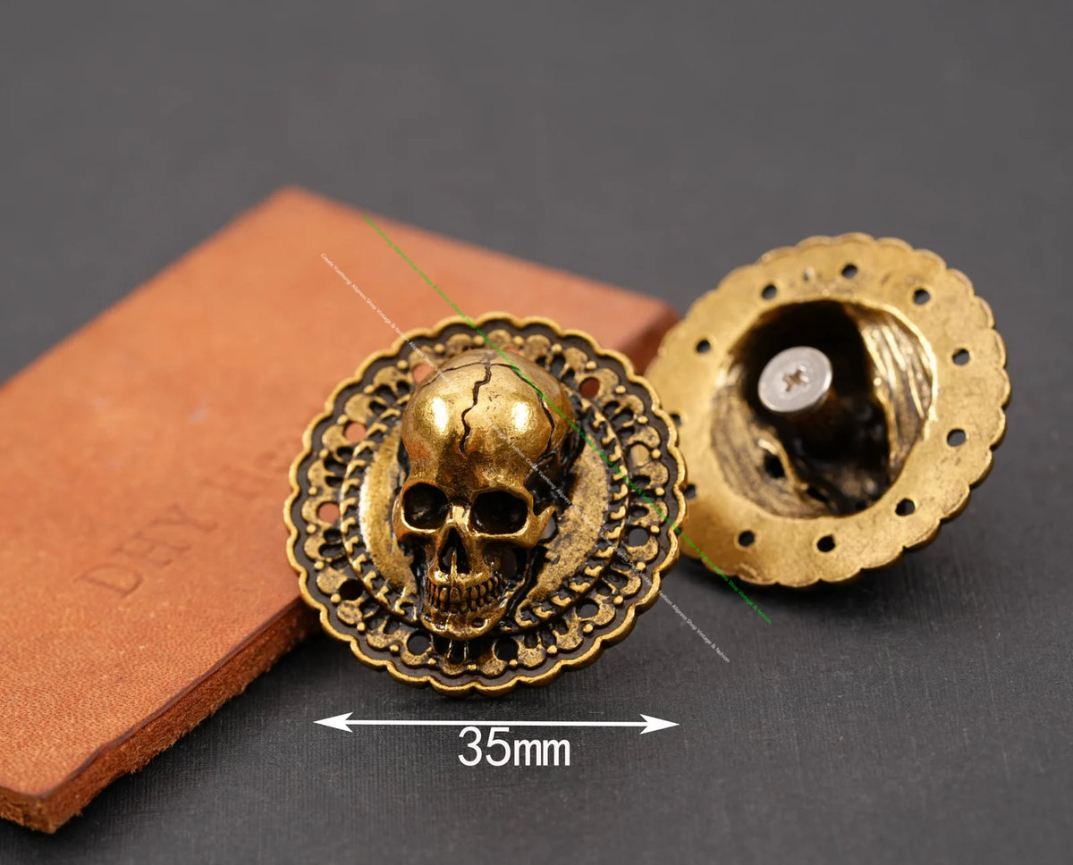 Lot de 6 conchos tête de mort à visser pour ceinture et sellerie en cuir (35mm)