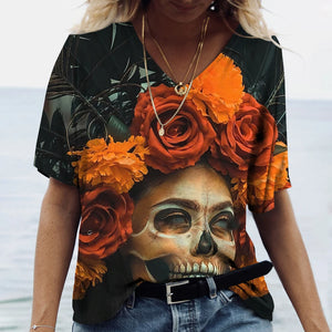 T-shirt femme tête de mort col V manches courtes - vue 15