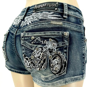 Mini short en jean délavé brodé motif aile - vue 1