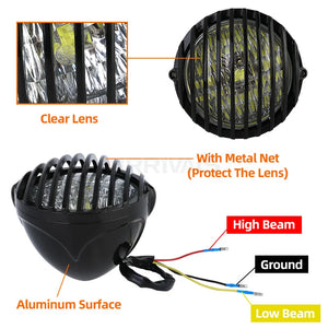 Grille de protection métallique noire posée sur un phare rond de moto rétro - vue 6