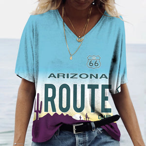 T-shirt Femme Col V Motif Route 66, Manches Courtes Oversize - vue 17