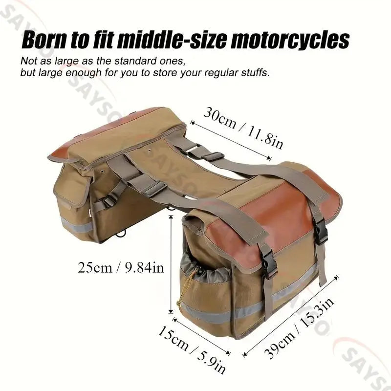 Sacoche de selle en toile kaki avec deux poches, fixée sur une moto - vue 2