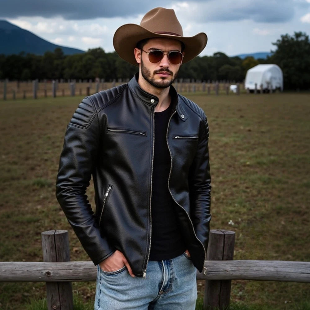 Blouson en cuir noir pour moto - vue homme - vue 2