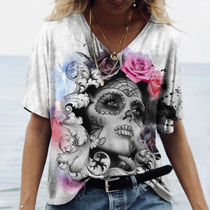 T-shirt femme tête de mort col V manches courtes - vue 3