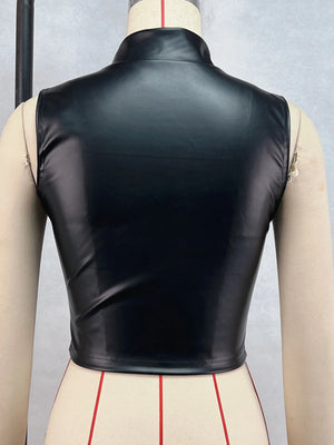 Crop Top Simili Cuir Noir à Zip, Style Gothique Streetwear - vue 2