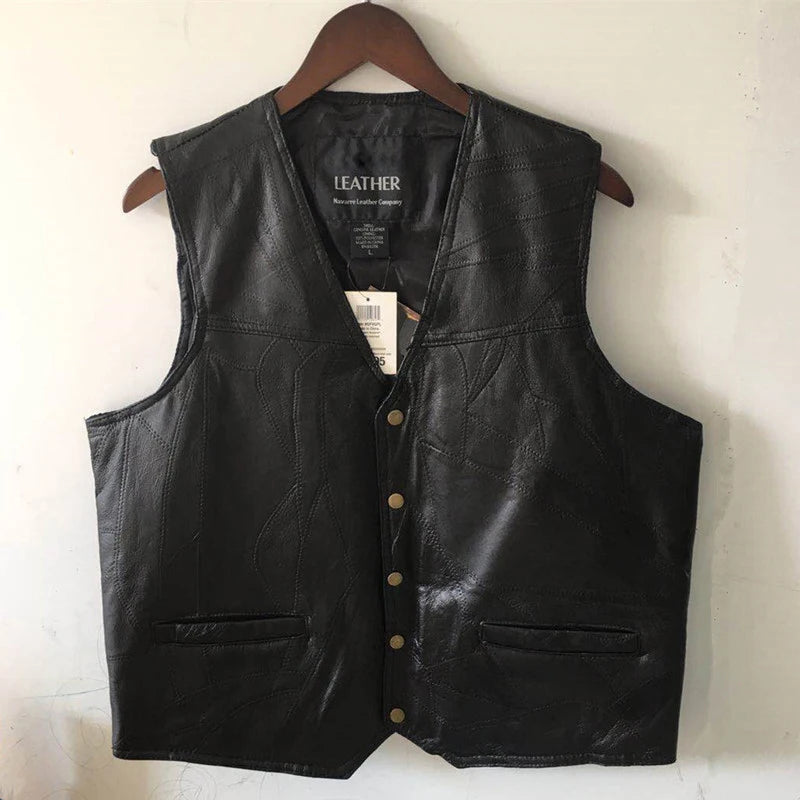 Gilet en cuir noir col V style motard - vue - vue 2
