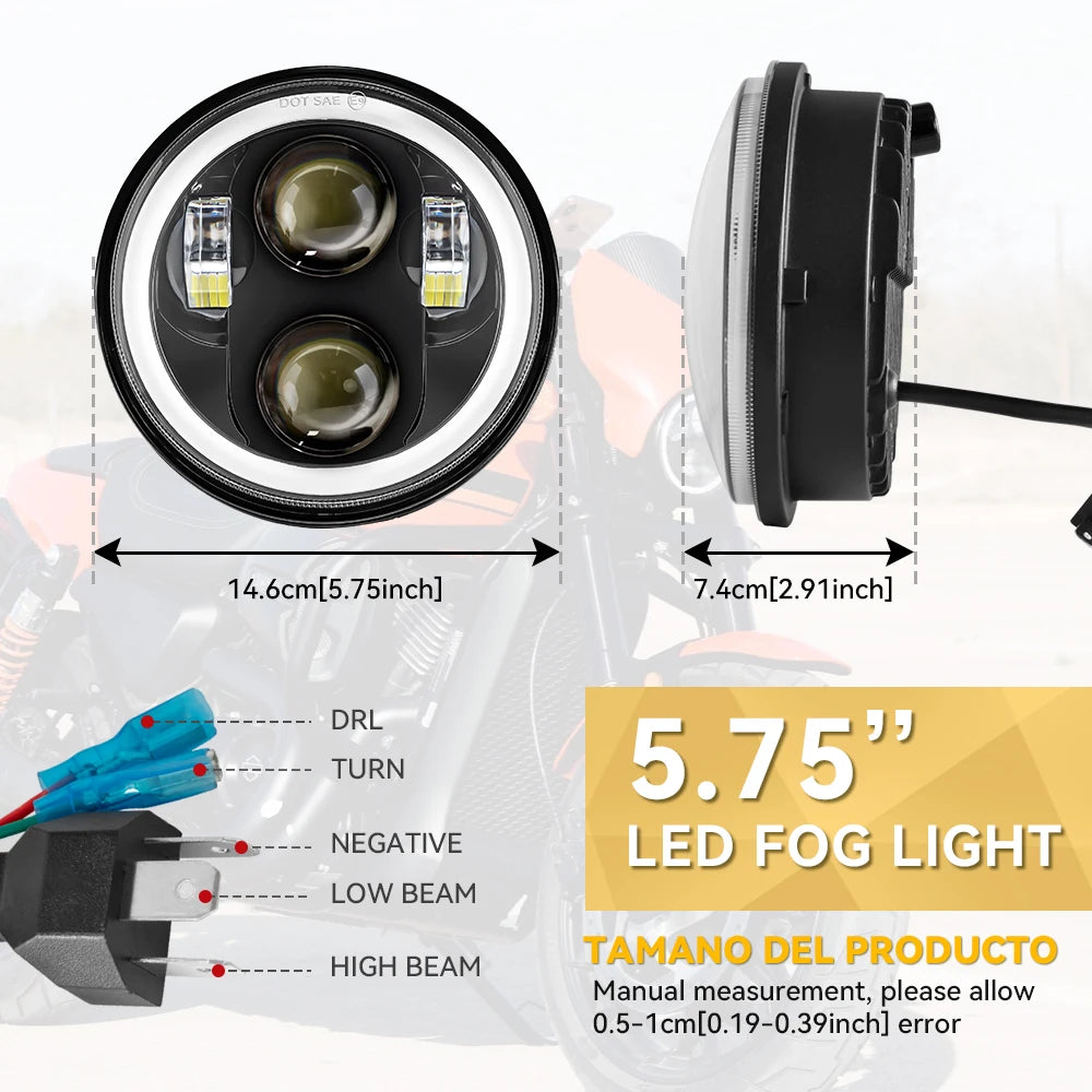 Phare LED 5,75 pouces halo Angel Eyes noir pour Harley Sportster 1200/883, Street, Softail, Dyna - vue 2