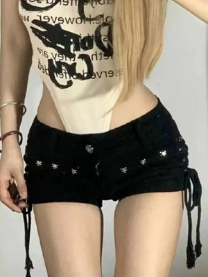 Short en jean noir lacé style rétro américain - vue 6