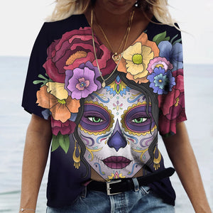 T-shirt femme tête de mort col V manches courtes - vue 21