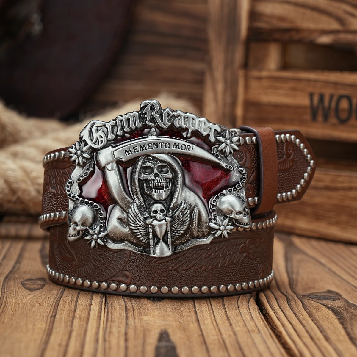 Ceinture simili cuir marron style western rétro - vue 2