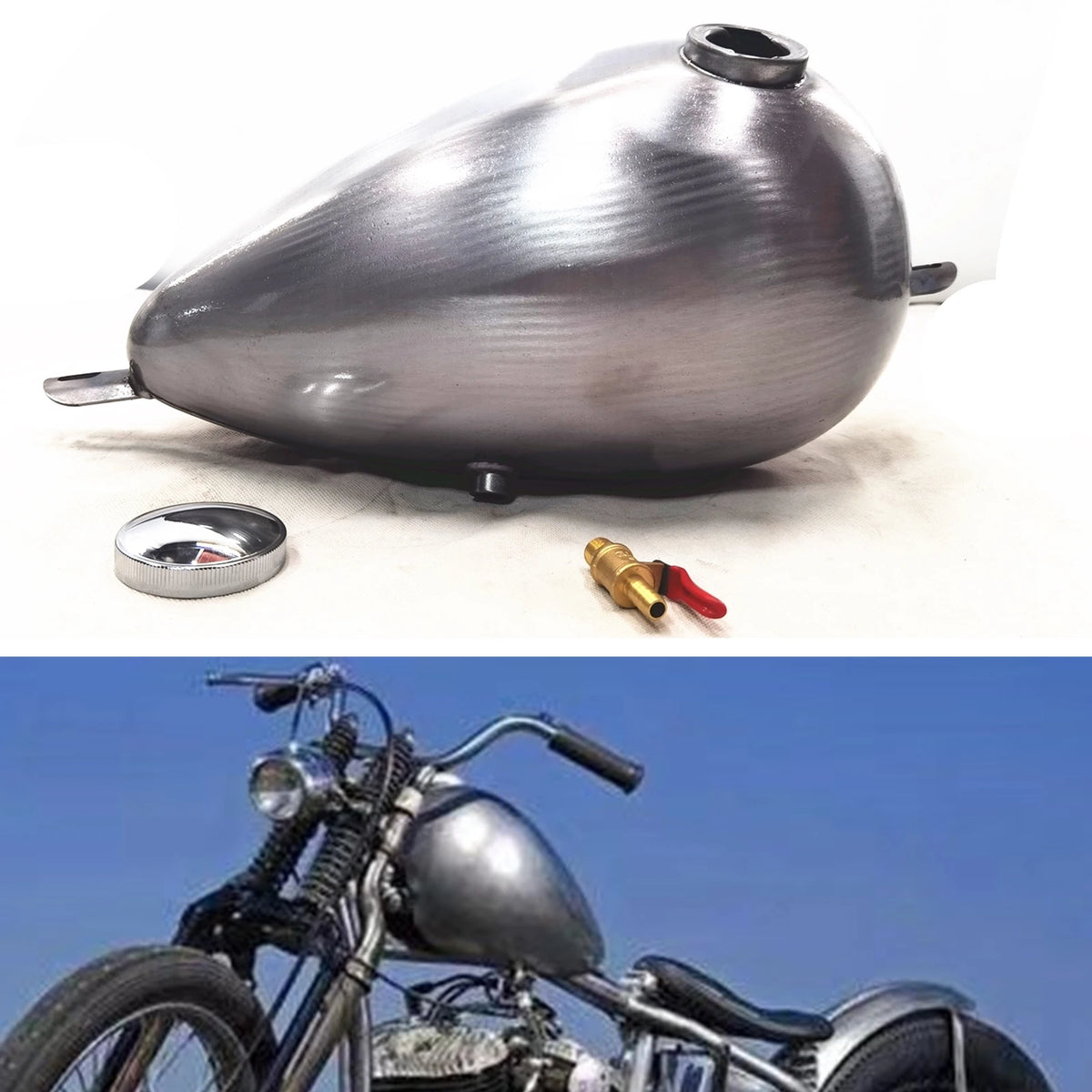 Réservoir à essence moto universel 8 litres en acier brut argenté - vue 2