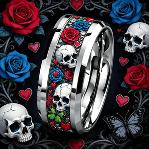 Bague en acier inoxydable tête de mort et rose - vue 26