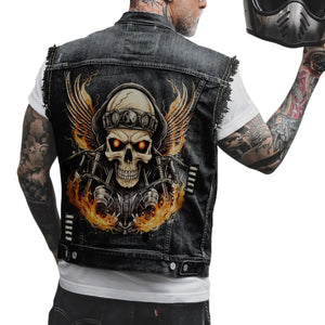 Gilet en jean homme imprimé tête de mort, vue de face - vue 1
