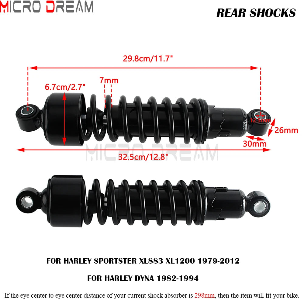 Amortisseur arrière à ressort 11,7" (298mm) pour Harley-Davidson Sportster XL 883/1200 (1979-2012) et Dyna (1982-1994)