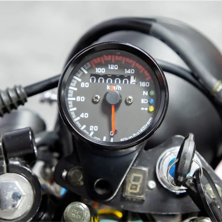 Compteur de vitesse mécanique rétro 12V style Café Racer avec témoins lumineux