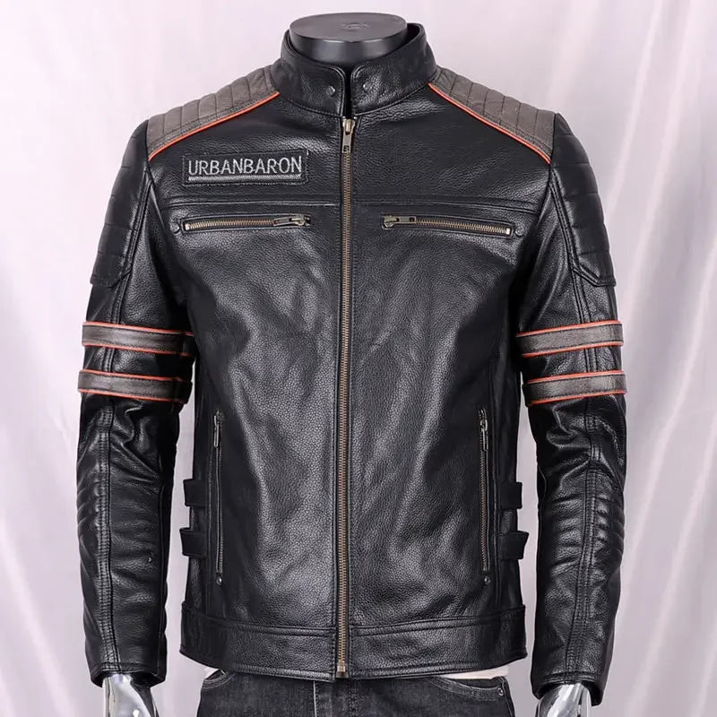 Blouson en cuir noir avec broderie tête de mort, vue de face - vue 2