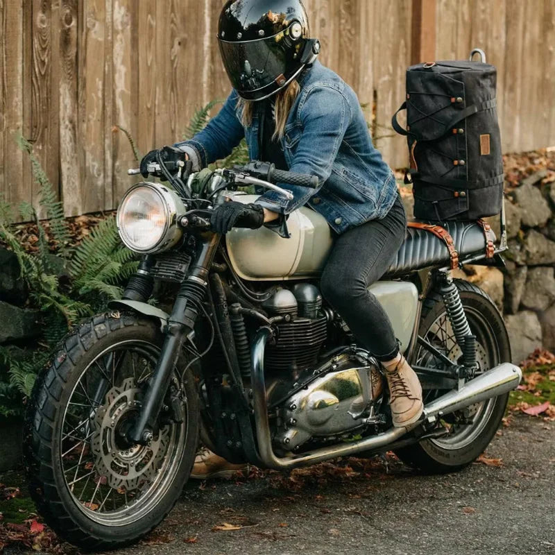 Sac de selle arrière kaki en toile cirée pour moto - vue 2