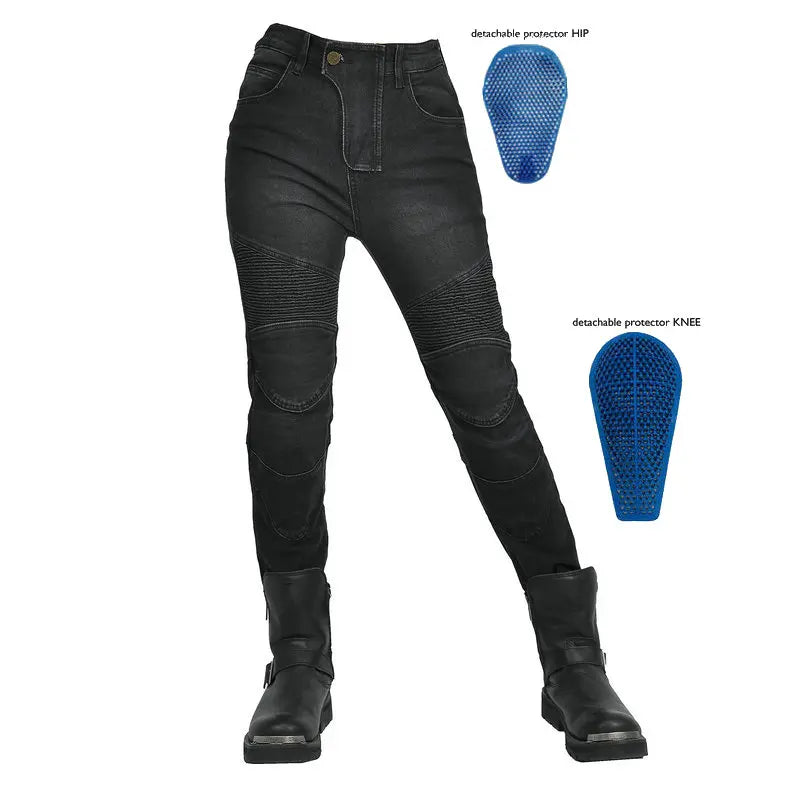 Jean moto femme noir brodé anti-chute - vue 2