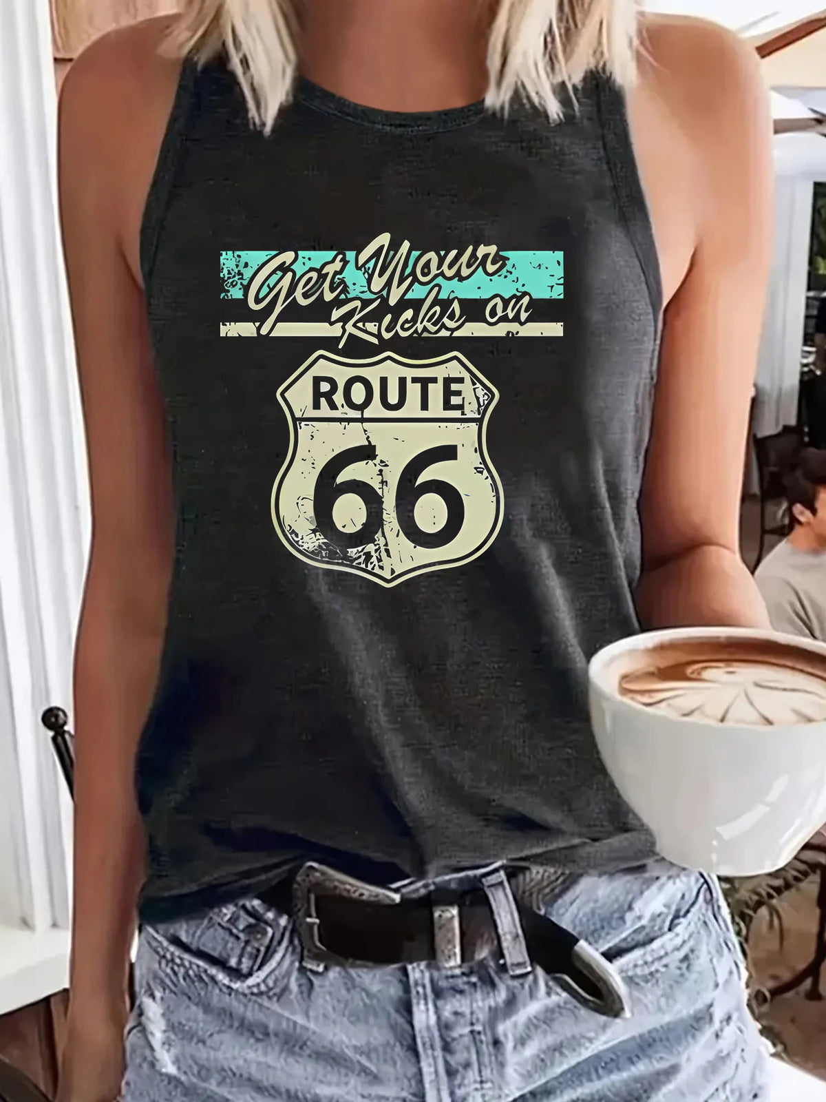 Débardeur femme vintage Route 66 - détail de l'imprimé