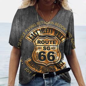 T-shirt Femme Col V Motif Route 66, Manches Courtes Oversize - vue 12