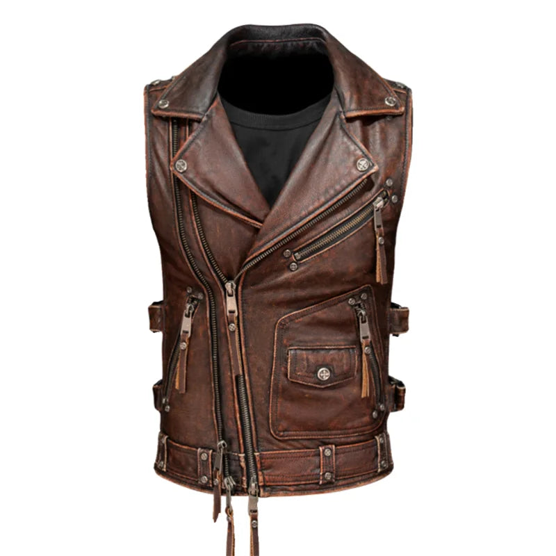 Gilet biker en cuir vintage brun-rouge - vue - vue 2