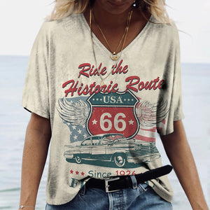 T-shirt Femme Col V Motif Route 66, Manches Courtes Oversize - vue 1