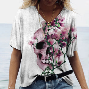 T-shirt femme tête de mort col V manches courtes - vue 16