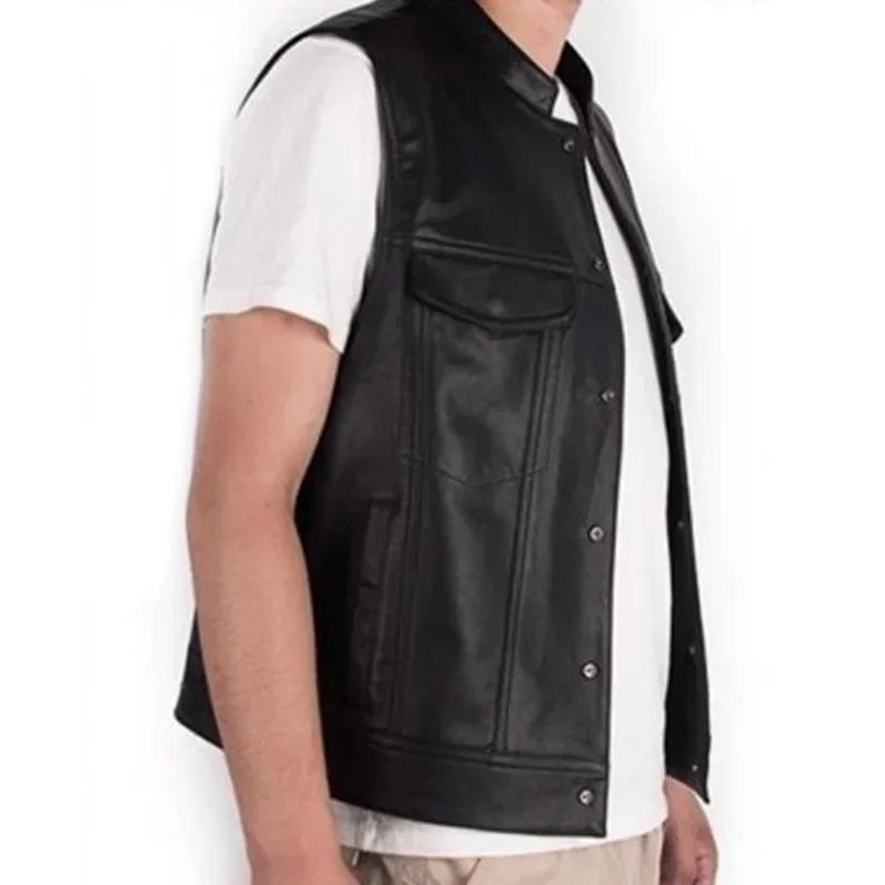 Gilet motard en cuir PU col montant - vue - vue 2