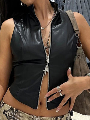 Crop Top Simili Cuir Noir à Zip, Style Gothique Streetwear - vue 6