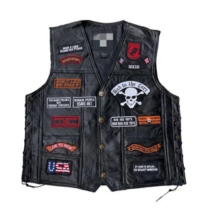 Gilet biker en cuir noir brodé de patchs - vue - vue 3