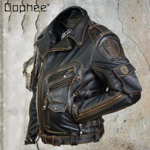 Blouson moto homme en cuir noir coupe slim - vue de face - vue 1